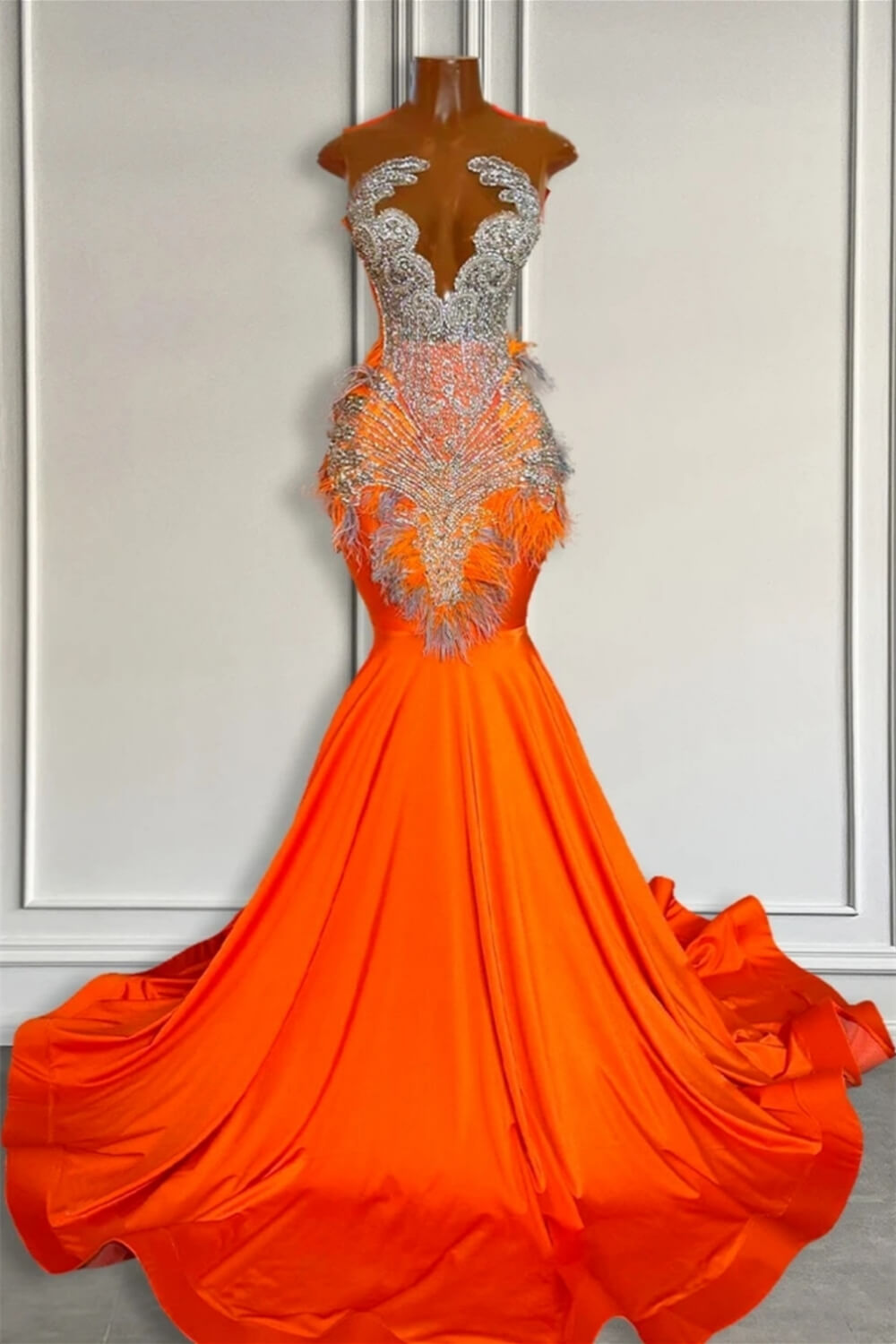 Orange Sleeveless Illusion Mermaid Prom Dresses With Beadings And Feather Main image