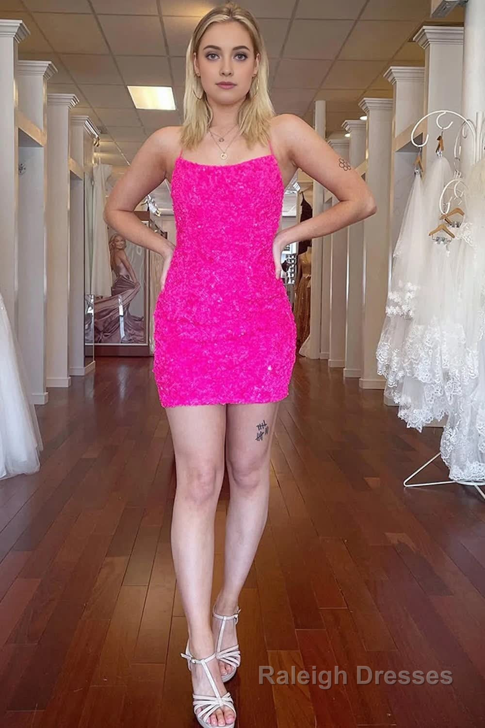 Orange Spaghetti Straps Backless Sequins Tight Homecoming Dress