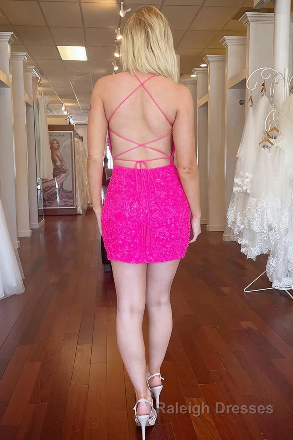Orange Spaghetti Straps Backless Sequins Tight Homecoming Dress