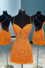 Orange Spaghetti Straps Tight Short Homecoming Dress with Appliques