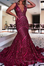 Orange Sparkly Deep V Neck Sequin Mermaid Prom Dress