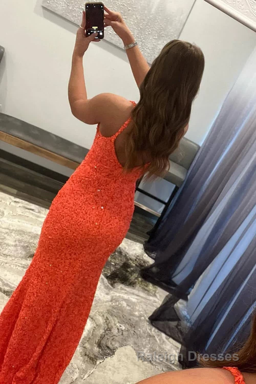 Orange Sparkly Mermaid V Neck Sequins Long Prom Dress Secondary image