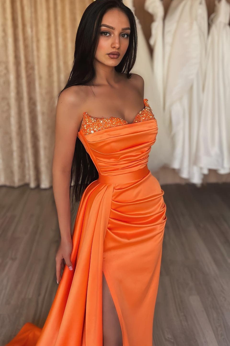 Orange Sweetheart Mermaid Prom Dress Long Split With Sequins Secondary image