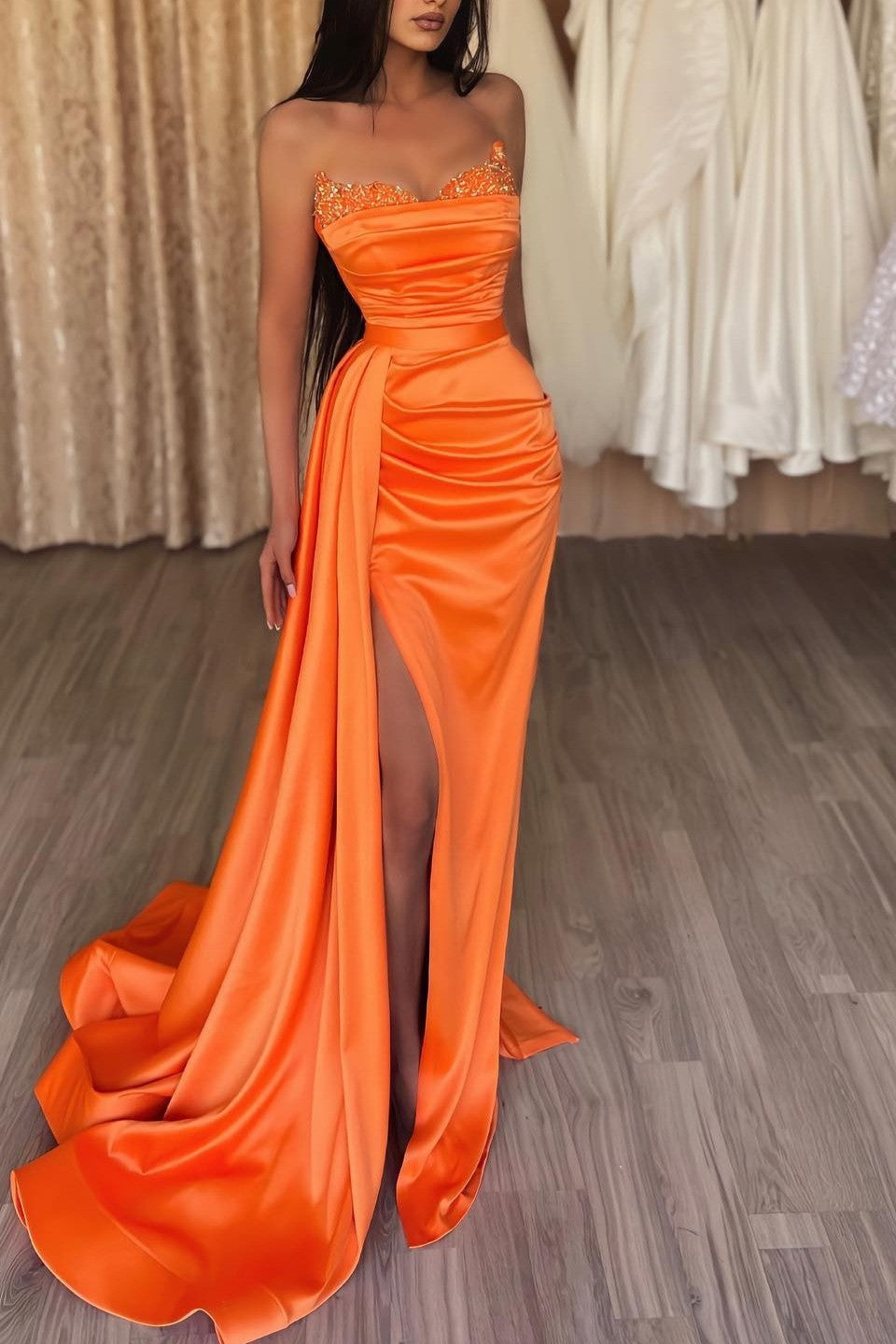 Orange Sweetheart Mermaid Prom Dress Long Split With Sequins Main image