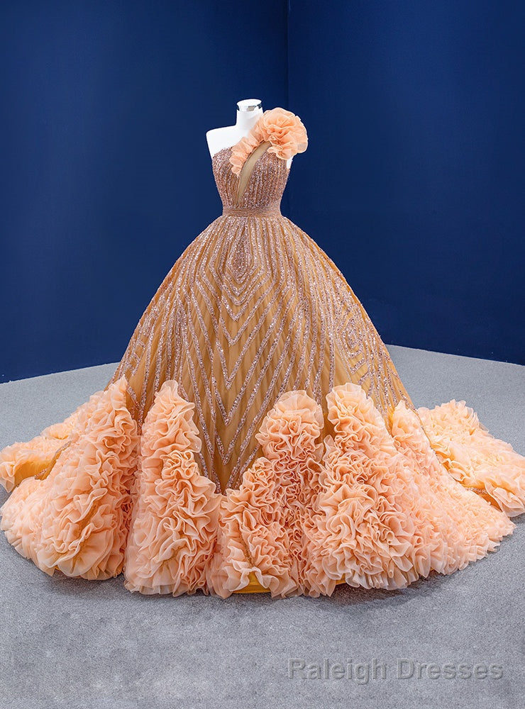 Orange Tulle Ball Gowns One Shoulder Sequins Beading Prom Dress
