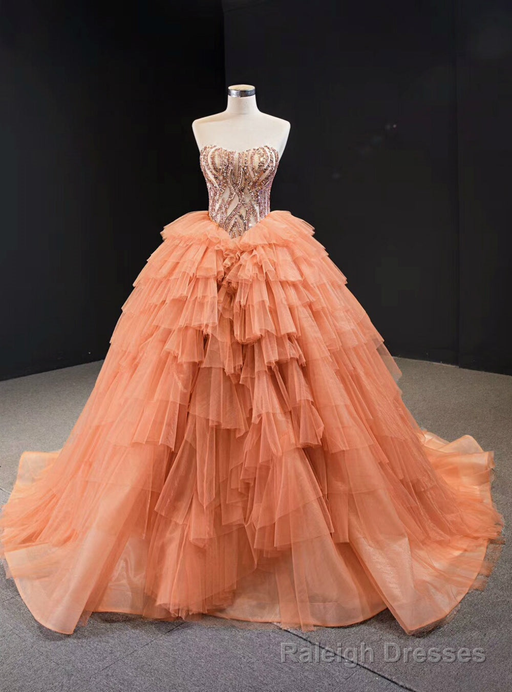 Orange Tulle Ball Gowns Sequins Sweetheart Sweet 16 Prom Dress