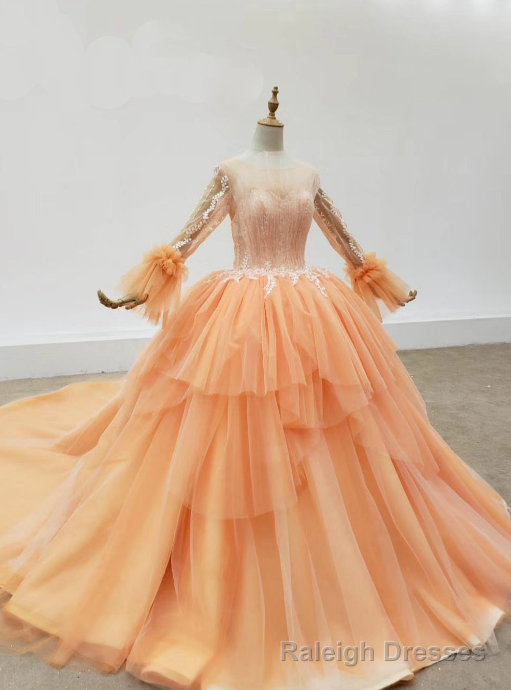 Orange Tulle Long Sleeve Lace Appliques Wedding Dress Main image