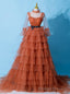Orange Tulle Long Sleeve Tiers Prom Dress