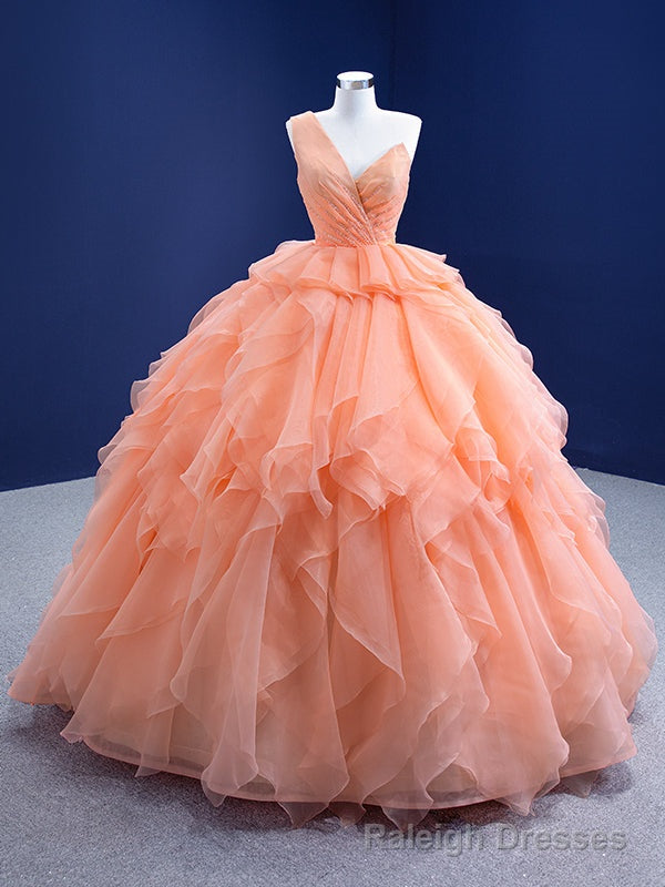 Orange Tulle One Shoulder Pleats Beading Prom Dress Main image
