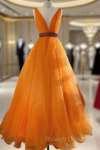 Orange Tulle Plunge Neck Ball Gown