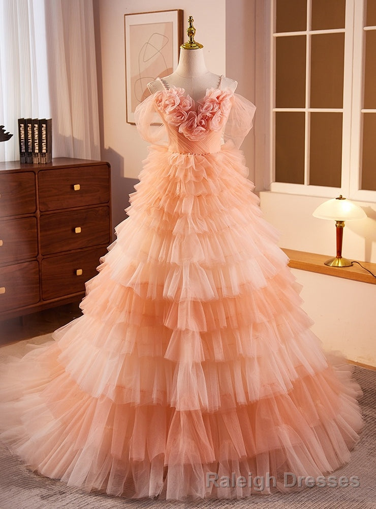 Orange Tulle Spaghetti Straps Tiers Prom Dress Main image