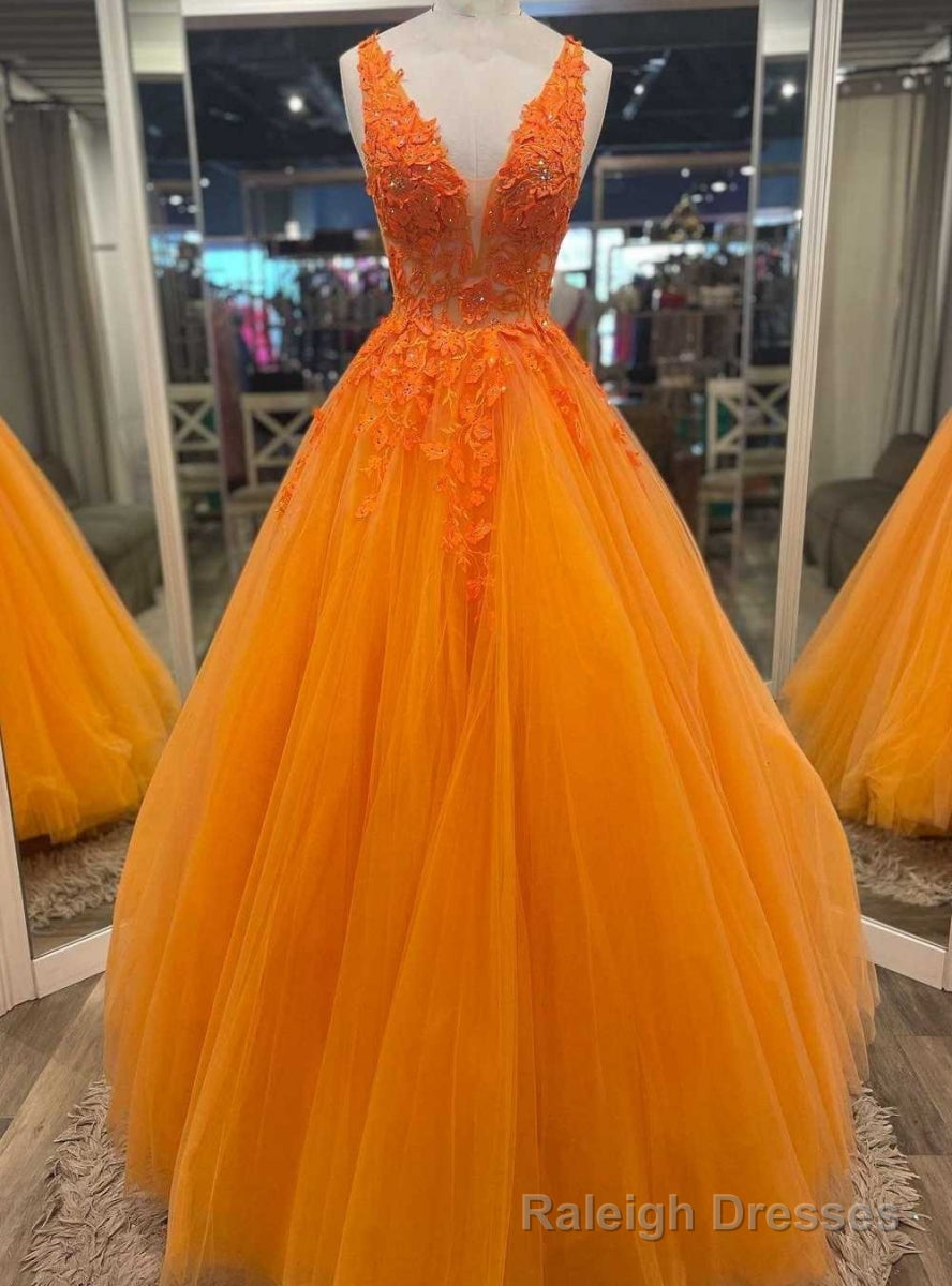 Orange Tulle V-neck Appliques Prom Dress Main image