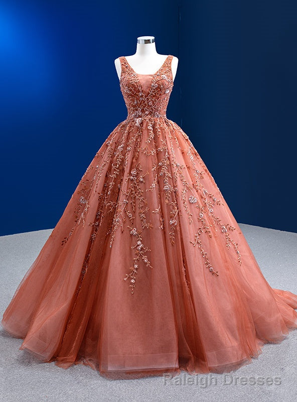 Orange Tulle V Neck Beading Sequins Prom Dress