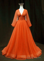 Orange Tulle V-Neck Sleeved Prom Dresses