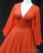 Orange Tulle V-Neck Sleeved Prom Dresses