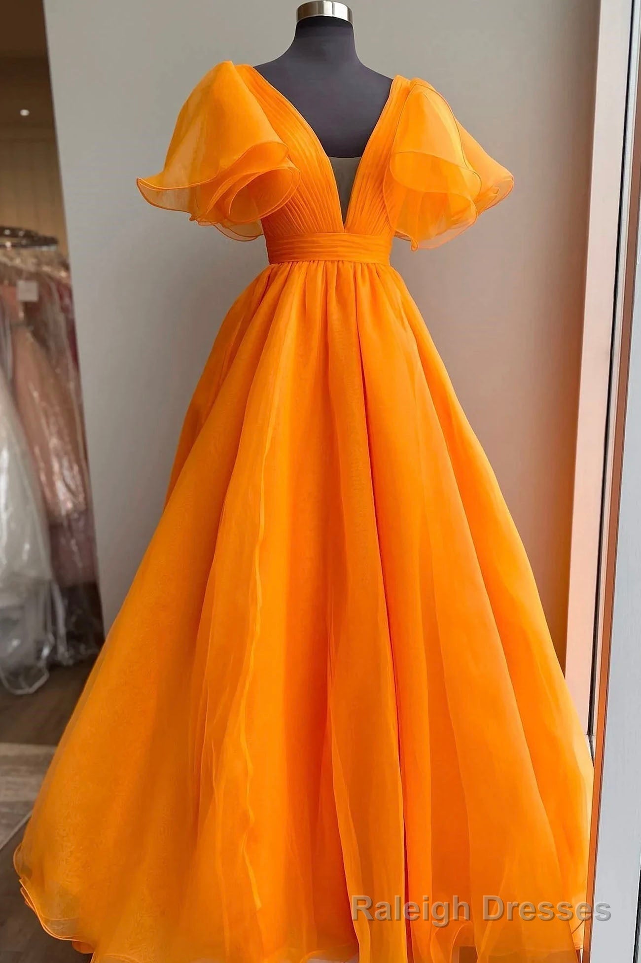 Orange V-Neck Long Prom Dress, A-Line Short Sleeve Evening Dress Main image
