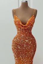 Orange Gorgeous Shiny V-Neck Mermaid Slim Spaghetti Straps Long Sequined Ball Gown Evening Dress Party Dress