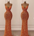 Orange Gorgeous Shiny V-Neck Mermaid Slim Spaghetti Straps Long Sequined Ball Gown Evening Dress Party Dress