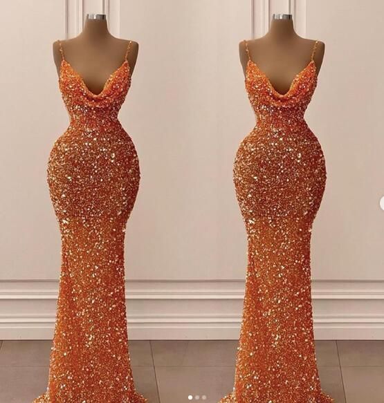 Orange Gorgeous Shiny V-Neck Mermaid Slim Spaghetti Straps Long Sequined Ball Gown Evening Dress Party Dress