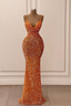Orange Gorgeous Shiny V-Neck Mermaid Slim Spaghetti Straps Long Sequined Ball Gown Evening Dress Party Dress