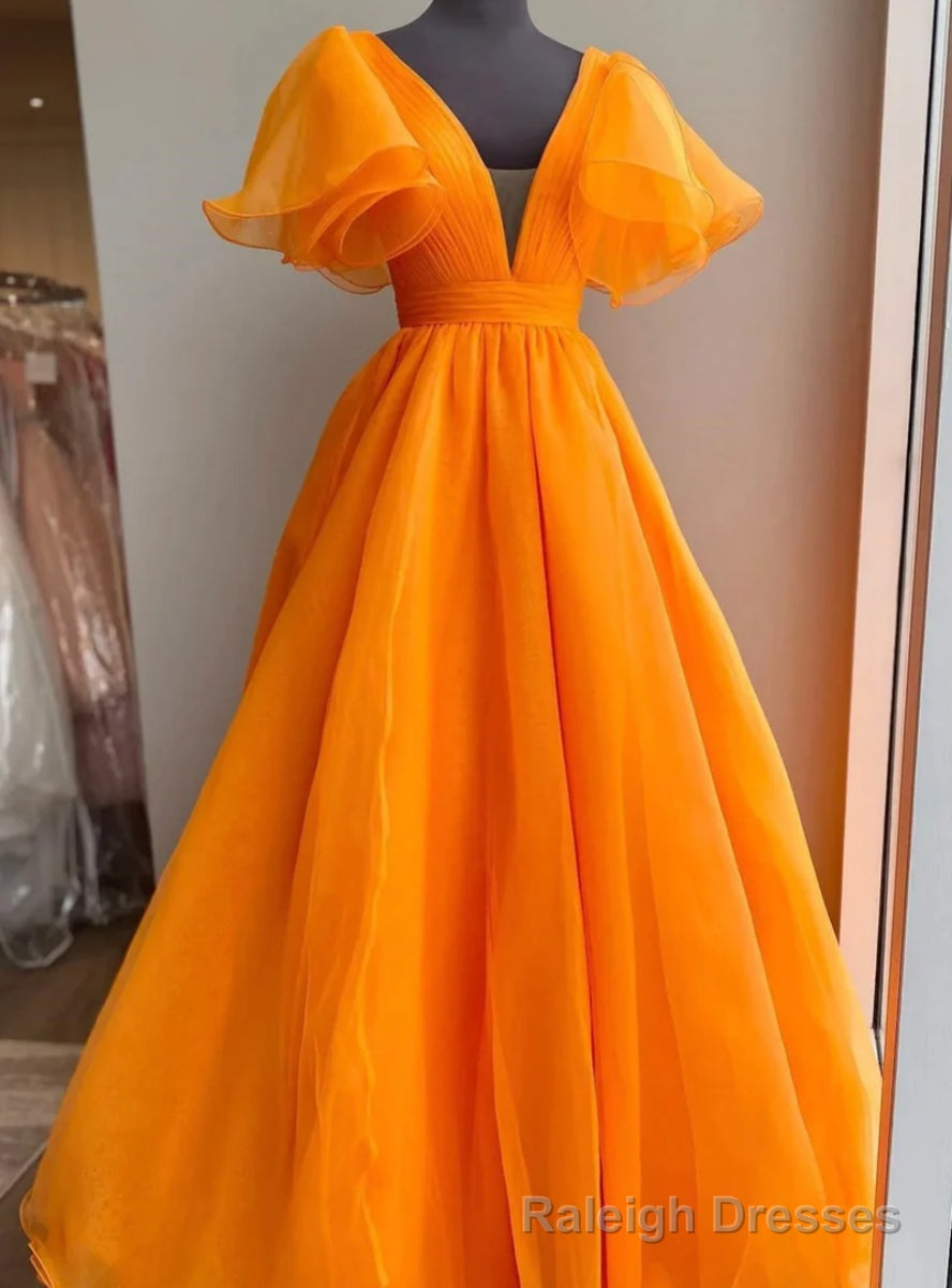 Orange V Neck Pleats Organza Prom Dress Main image