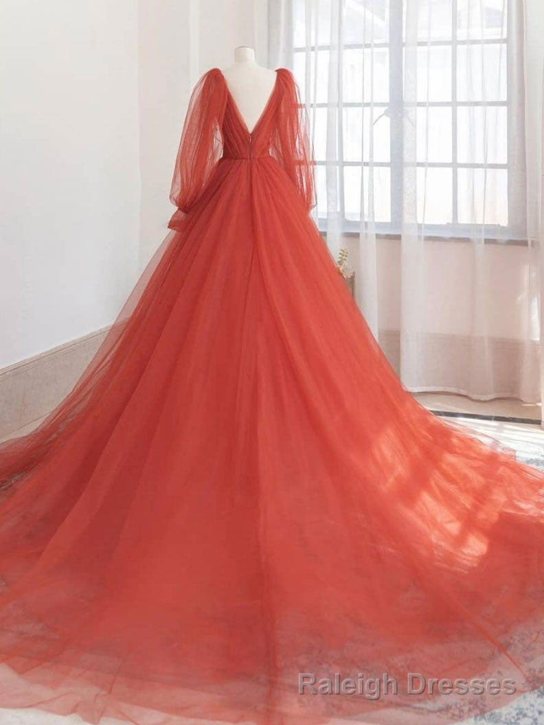 Orange v neck tulle long prom dress, orange Prom dress