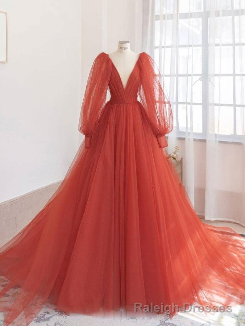 Orange v neck tulle long prom dress, orange evening dress Main image
