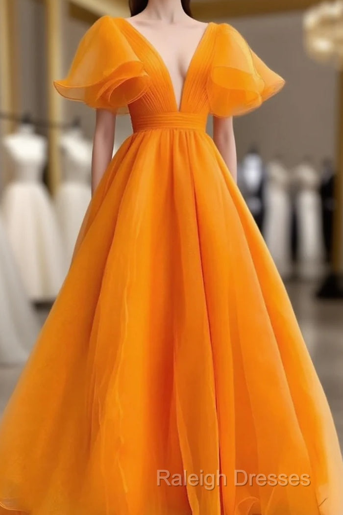 Orange V-Neckline Puffy Sleeves Long Party Dress, A-Line Organza Prom Dress Main image