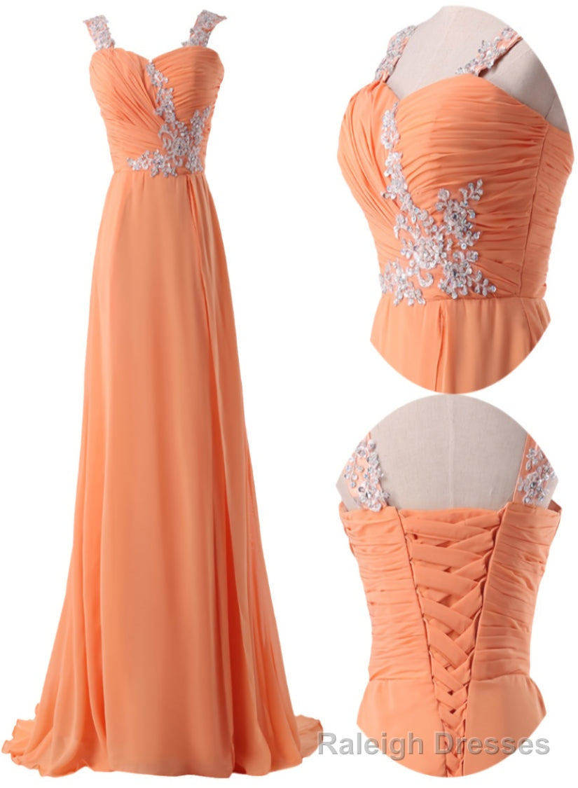Organge Chiffon Straps Lace Applique A-line Long Prom Dress, Orange Formal Dress Evening Dress Main image