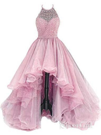 Organza With Beaded Bodice Halter High Low Prom Dresses Pageant Dresses