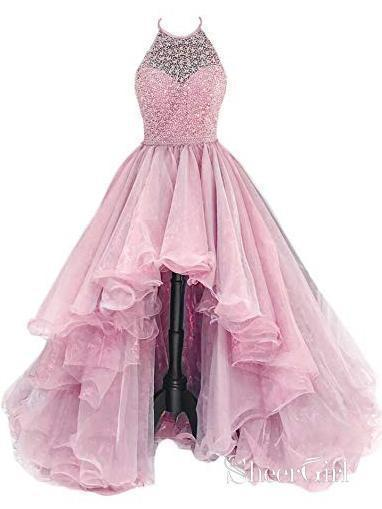 Organza With Beaded Bodice Halter High Low Prom Dresses Pageant Dresses
