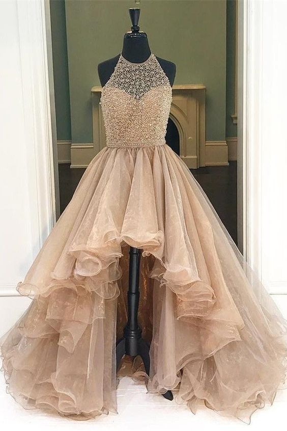 Organza With Beaded Bodice Halter High Low Prom Dresses Pageant Dresses