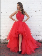 Organza With Beaded Bodice Halter High Low Prom Dresses Pageant Dresses