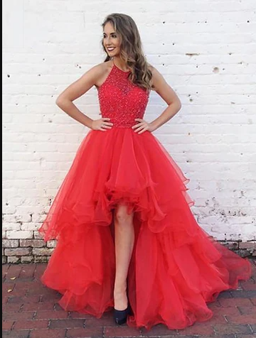 Organza With Beaded Bodice Halter High Low Prom Dresses Pageant Dresses
