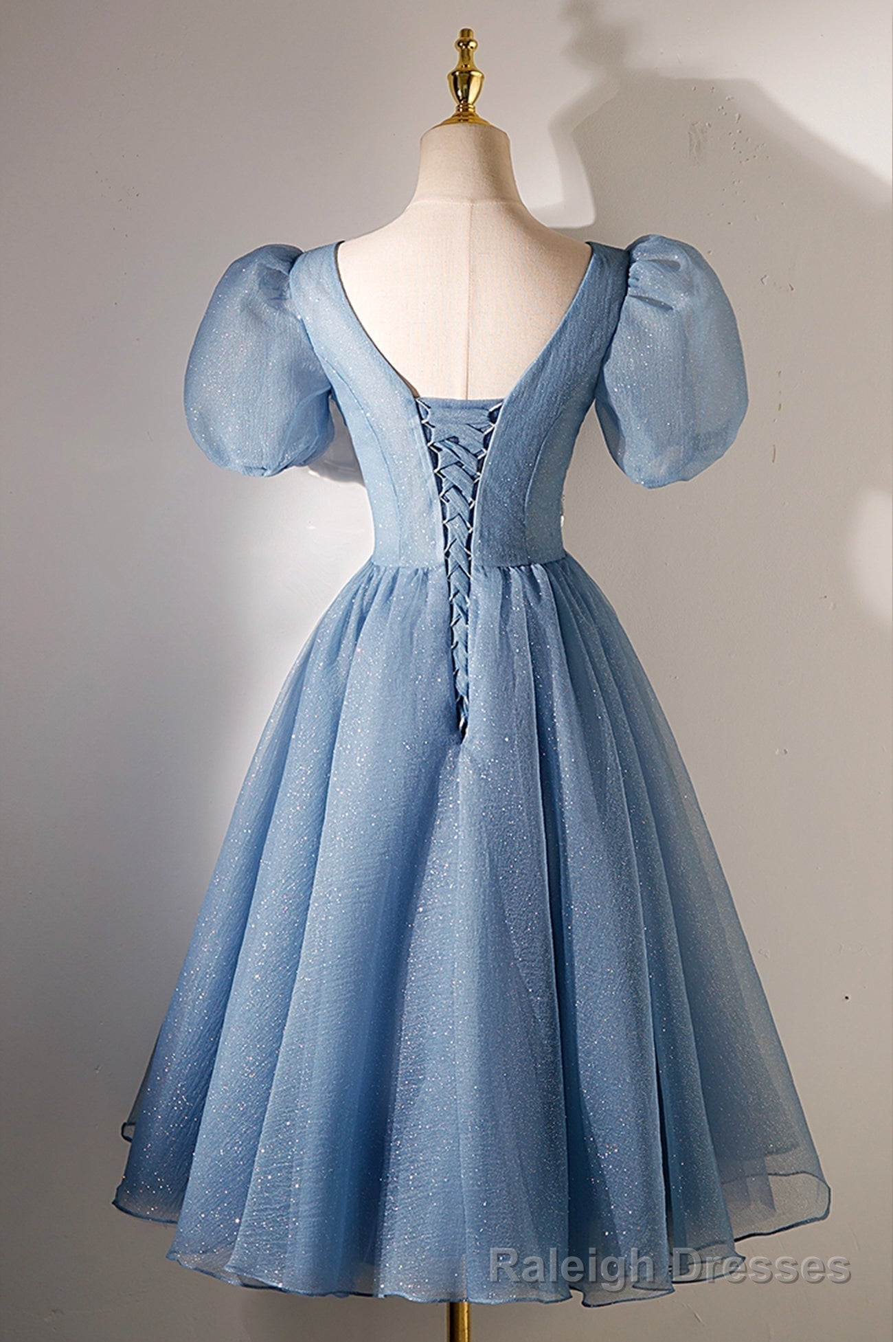 A Line V Neck Sequins Short Prom Dress, Blue Short Sleeve Prom Dress