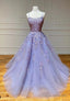 Purple Lace Long Prom Dresses, A Line Backless Prom Dresses