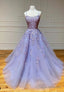 Purple Lace Long Prom Dresses, A-Line Backless Evening Dresses