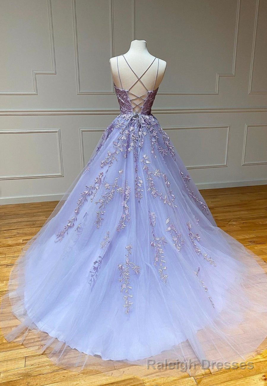 Purple Lace Long Prom Dresses, A Line Backless Prom Dresses