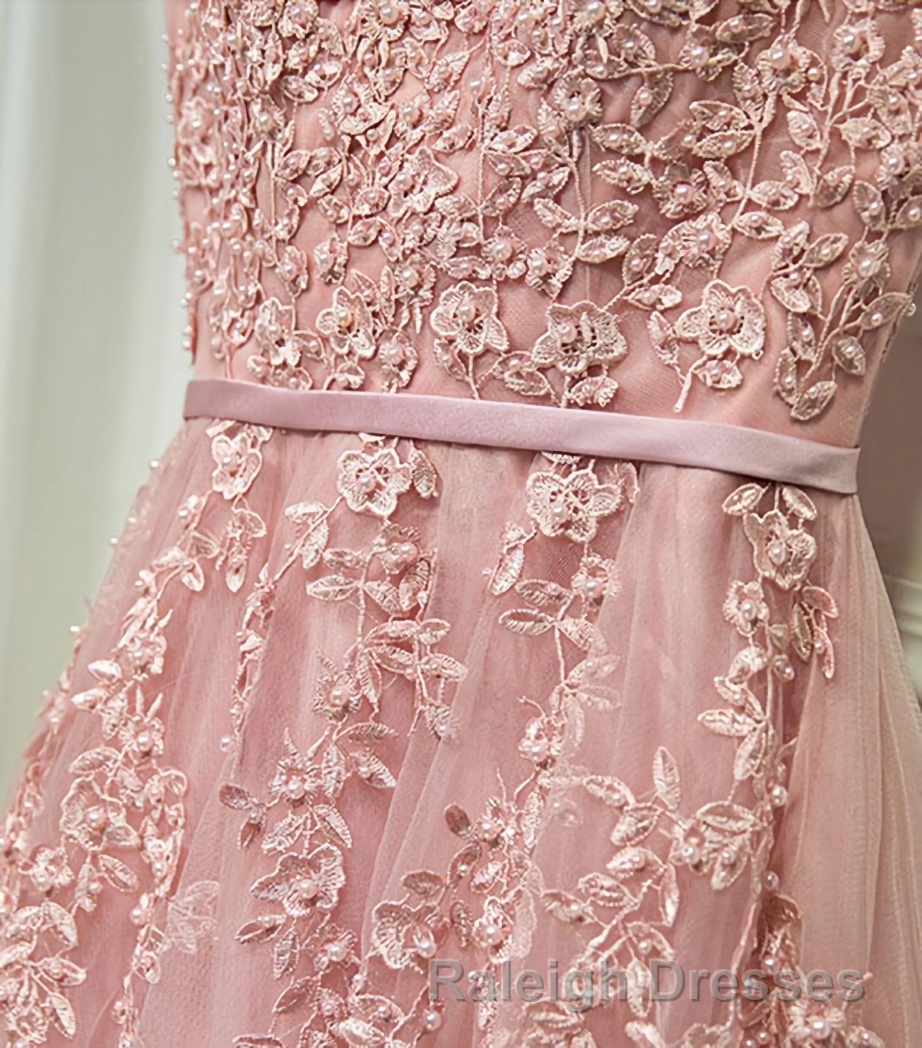 Pink Lace Tulle Long A Line Prom Dress, Pink Evening Dress, 1