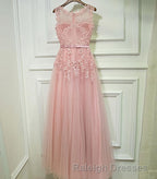 Pink Lace Tulle Long A Line Prom Dresses Pink Prom Dresses 1