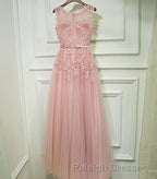 Pink Lace Tulle Long A Line Prom Dress, Pink Evening Dress, 1