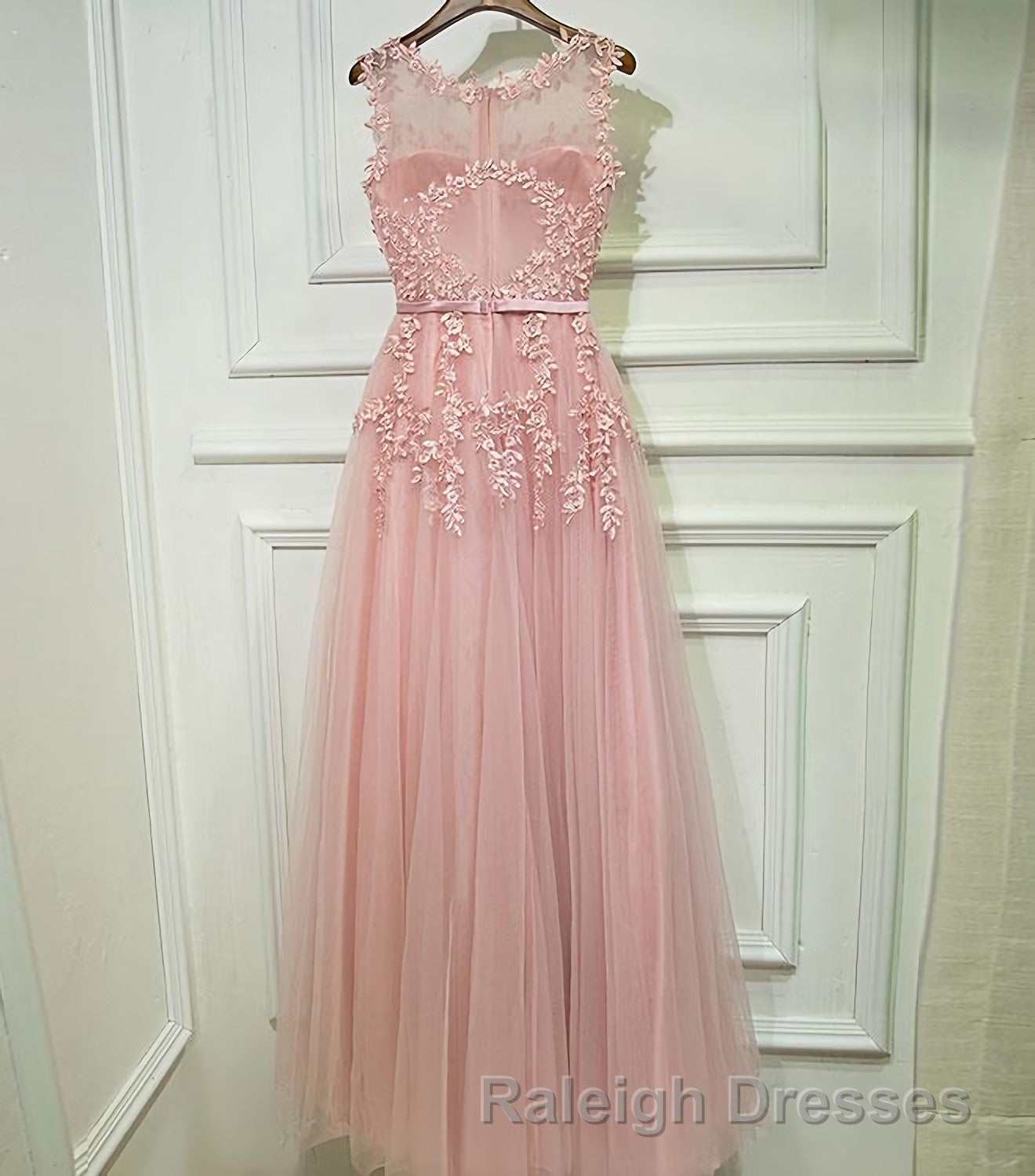 Pink Lace Tulle Long A Line Prom Dress, Pink Evening Dress, 1