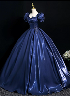 Palace Vintage Navy Blue Puffed Sleeve Embroidered Satin Long Formal Prom Dress