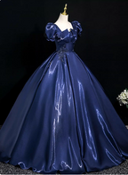 Palace Vintage Navy Blue Puffed Sleeve Embroidered Satin Long Formal Prom Dress