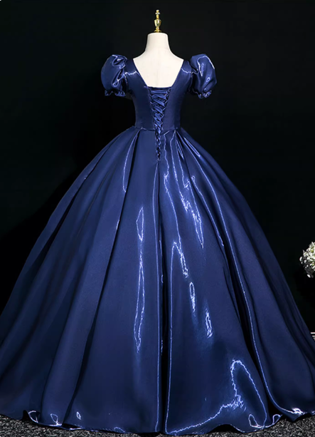 Palace Vintage Navy Blue Puffed Sleeve Embroidered Satin Long Formal Prom Dress