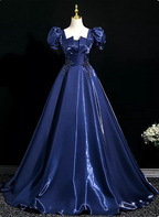 Palace Vintage Navy Blue Puffed Sleeve Embroidered Satin Long Formal Prom Dress