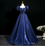 Palace Vintage Navy Blue Puffed Sleeve Embroidered Satin Long Formal Prom Dress