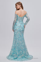 Pastel Blue Sparkly Embroidery Long Sleeve Mermaid Evening Dresses