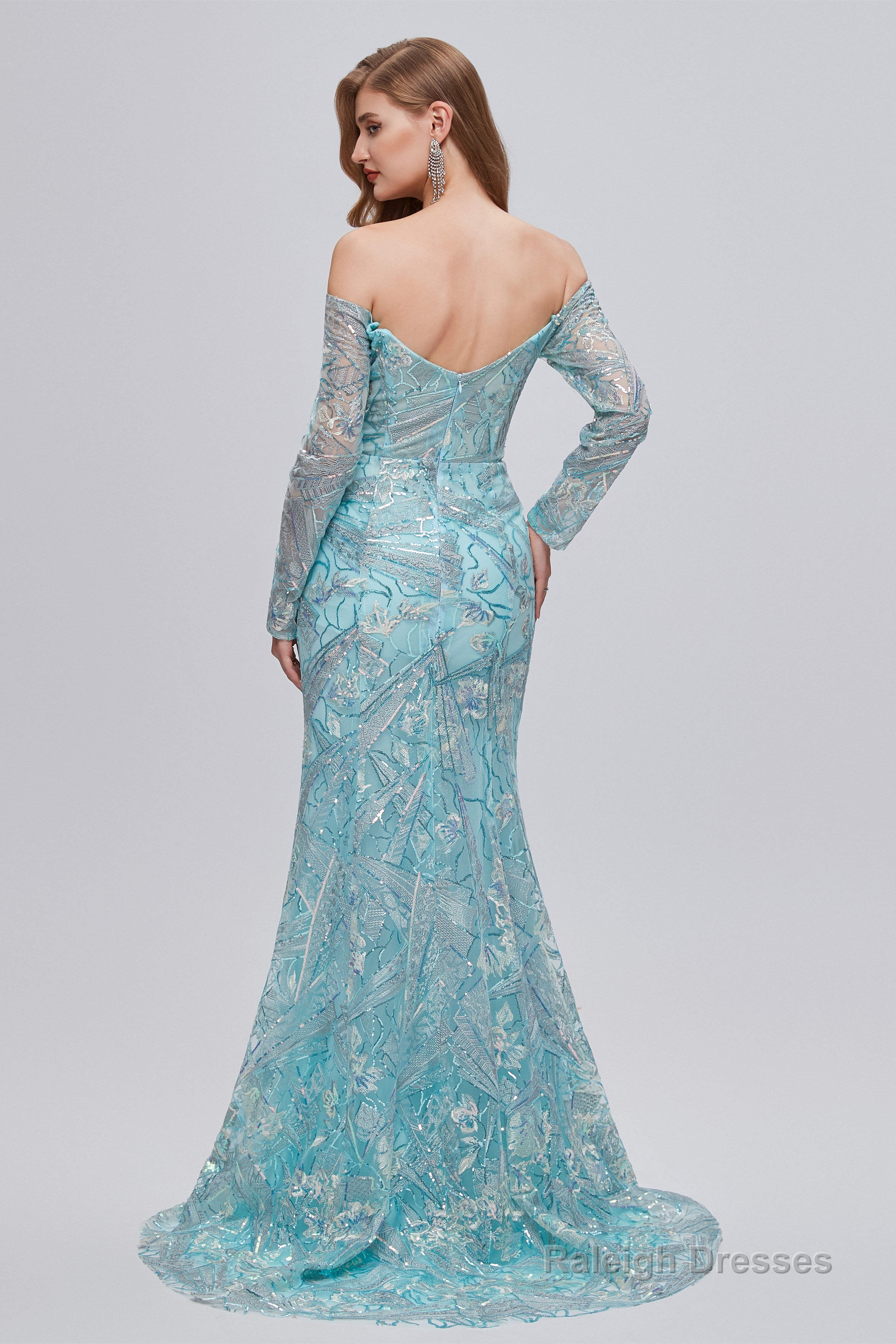 Pastel Blue Sparkly Embroidery Long Sleeve Mermaid Evening Dresses