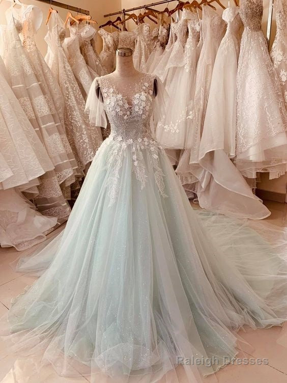 Pastel Mint Green Floral Lace Flutter Sleeve Ball Gown Wedding Dress With Court Train & Glitter Tulle Prom Dress